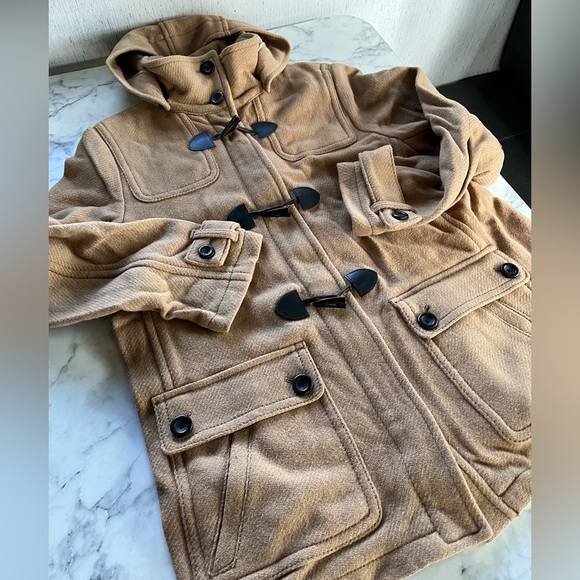 Vintage wool peat coat Jacket tan Camel warm winter weather outer layer hood - Picture 7 of 9